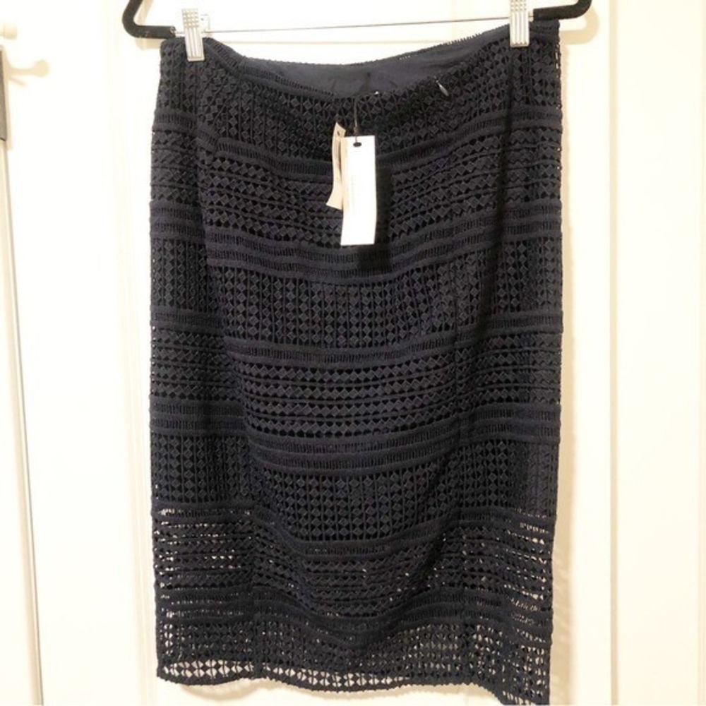 Cupcakes and Cashmere Navy Blue Eyelet Lace Pencil Skirt Sheer Hem | Sz 10